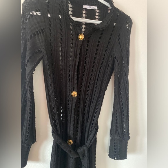 Zara Black long belted novelty stitch cardigan sweater Small - Picture 2 of 4